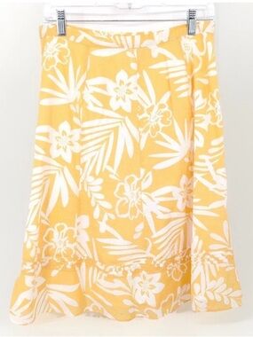 Chicos Midi Skirt Women Sz 1 Medium Yellow Floral Tropical Cotton Vacation Lined